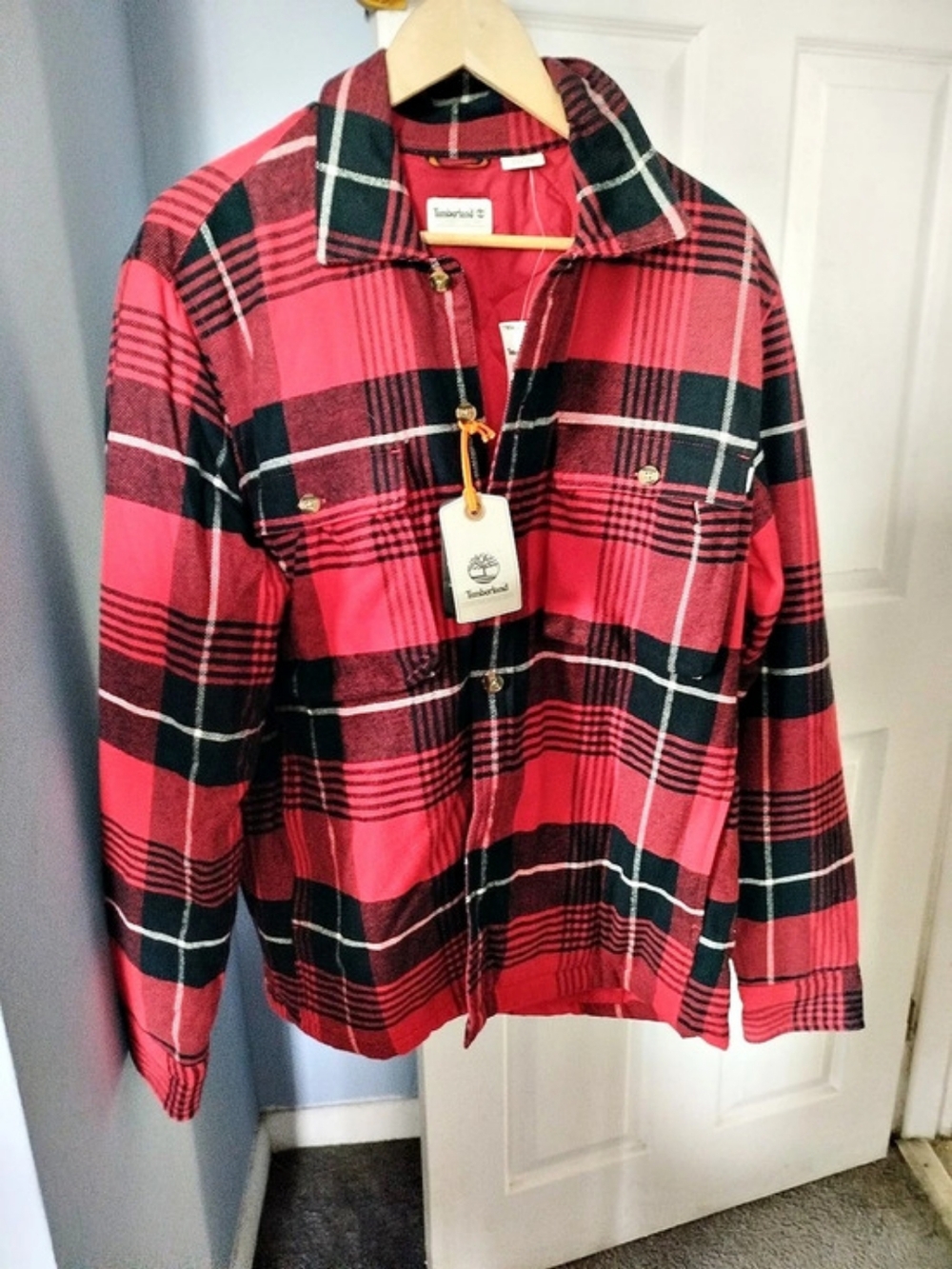 Timberland Quilted Lined Plaid Flannel Shirt Jacket Red & Black Small